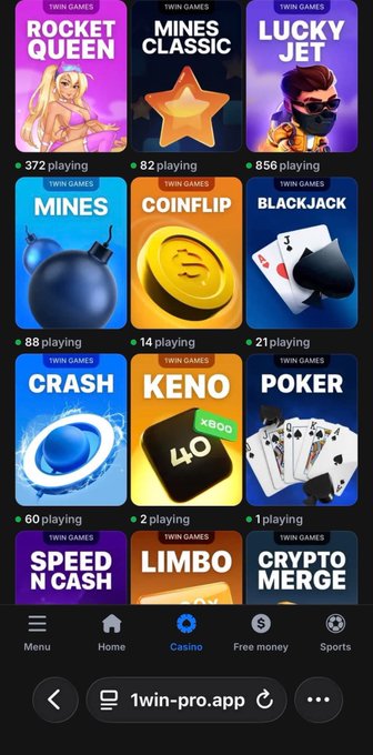 A mobile gambling website interface (1win-pro.app) displaying various 'Twin Games' like Rocket Queen, Mines, Coinflip, Blackjack, Crash, Keno, Poker, Speed N Cash, and Limbo.