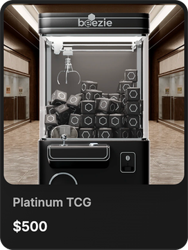 The image showcases a "Platinum TCG" vending machine-style claw machine by beezie, priced at $500, filled with various black capsule containers inside. This relates to the post by highlighting the "Platinum Claw from beezie" as one of the $500 digital collectible options, framed humorously as a Trading Card Game (TCG) alternative to NFTs.