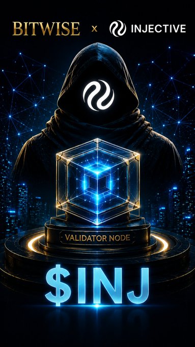 A promotional graphic for Injective blockchain features a hooded figure with the Injective logo above a glowing blue 'VALIDATOR NODE' cube and the text 'BITWISE x INJECTIVE' and '$INJ'.