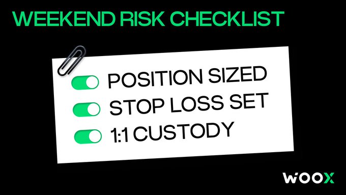 WOOX 'Weekend Risk Checklist' graphic with a note pinned by a paperclip, showing three toggle items: Position Sized, Stop Loss Set, and 1:1 Custody, all toggled on in green.