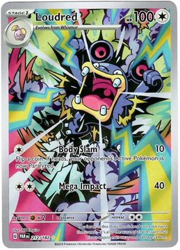 A holographic Pokémon trading card featuring 'Loudred' with the attacks 'Body Slam' and 'Mega Impact' and 100 HP.