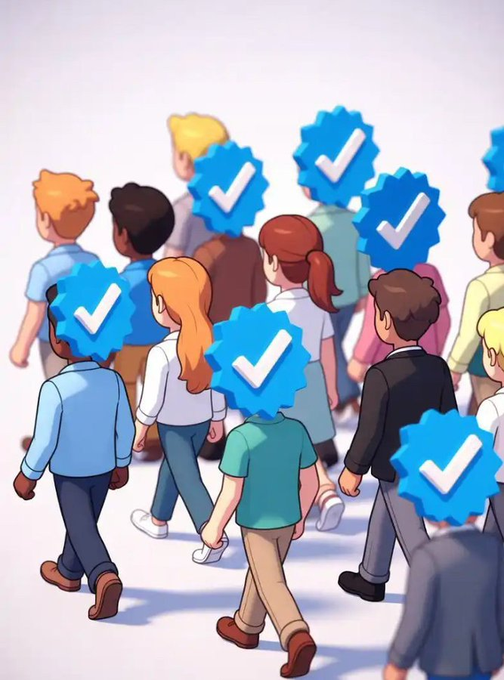 A 3D-rendered illustration shows a diverse group of people walking forward, with several individuals marked by large blue gear-shaped checkmark icons floating above them, suggesting verification or selection.