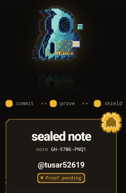A pixel art graphic of a blue hooded figure with a 'sealed note' for user @tusar52619 showing 'Proof pending' with options to commit, prove, and shield.