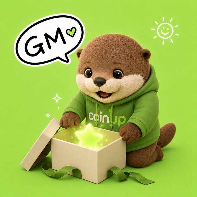 A cute 3D-rendered cartoon otter wearing a green 'coinup' hoodie, opening a gift box that reveals a glowing star, with 'GM' written in a speech bubble.