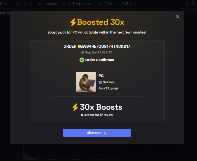 A confirmation pop-up for a 'Boosted 30x' purchase on PC using Solana via EesX7J_pump, Order #GW94RE7QO917RTNCKB17, showing the 30x Boosts active for 12 hours.