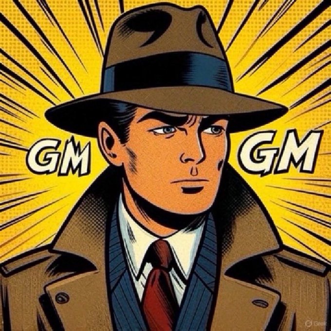 A classic comic book-style illustration of a mysterious man in a fedora and trench coat, with bold "GM" lettering on either side of him, fitting the post's theme of "GM Legends" by evoking a vintage, iconic vibe around the GM stock ticker.