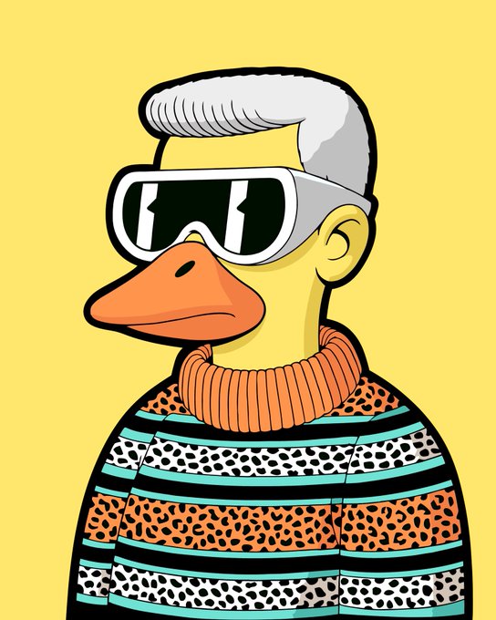 A cartoon illustration of a duck with white hair, wearing oversized silver sunglasses and a colorful patterned sweater, set against a yellow background.