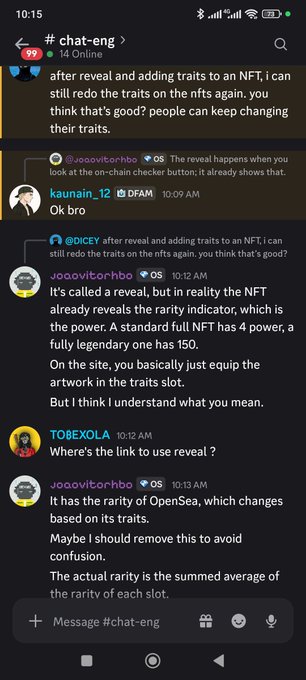 A screenshot of a Discord chat in the '# chat-eng' channel discussing NFT rarity, with messages from users including @joaovitorhbo, kaunain_12, @DICEY, and TOBEXOLA.