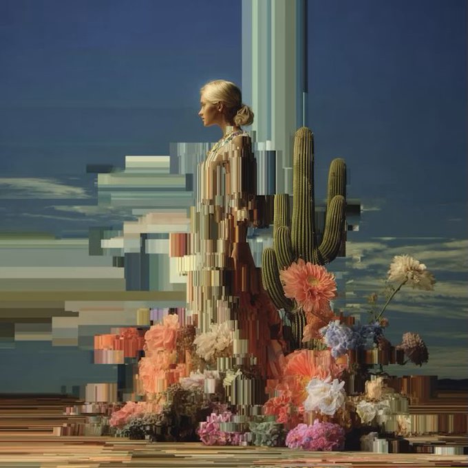 A surreal digital artwork showing a blonde woman in profile whose body dissolves into colorful pixelated blocks and flowers, set against a desert landscape with a large cactus and blue sky.
