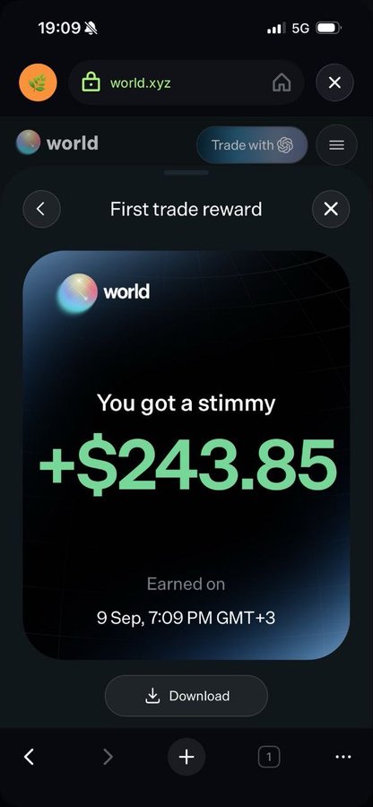 A mobile screenshot from world.xyz website showing a 'First trade reward' notification displaying 'You got a stimmy +$243.85' earned on 9 Sep, 7:09 PM GMT+3.
