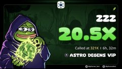 A digital promotional graphic features a Pepe the Frog character wearing a purple hooded robe while holding a glowing green orb, with large text displaying "222" and "20.5X" alongside the callout "Called at .321X / 6h. 32m" and the branding "ASTRO DEGENS VIP." The image relates to the accompanying crypto airdrop post by visually emphasizing meme coin gains and community-driven giveaways tied to $ZZZ tokens.