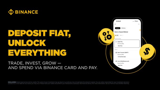 A Binance promotional banner features the bold yellow headline "DEPOSIT FIAT, UNLOCK EVERYTHING" alongside the subtext "TRADE, INVEST, GROW — AND SPEND VIA BINANCE CARD AND PAY," with a smartphone mockup of a Binance app showing fiat deposit options like Apple Pay and Bank Transfer (SWIFT) and USDC, complemented by floating yellow coin icons. The image directly supports the post's message about funding accounts to access Binance's full ecosystem of trading, investing, earning, and payment services in one app.