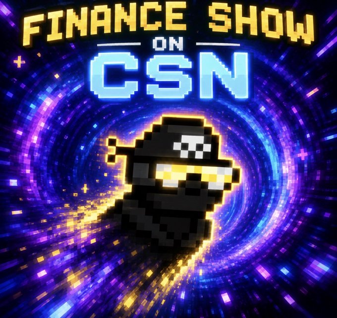 A pixel art graphic with a space tunnel background reads 'FINANCE SHOW ON CSN' and features a hooded figure with pixelated sunglasses.