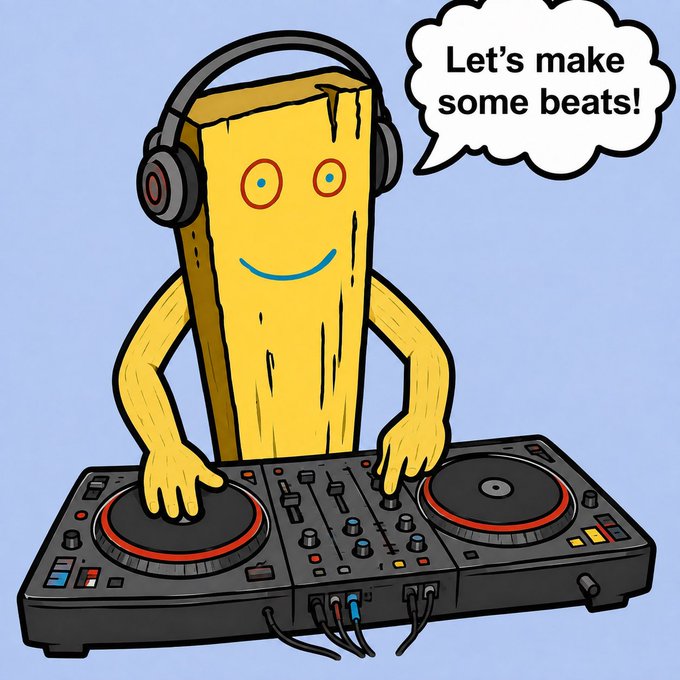 An illustrated cartoon character resembling a wooden plank with a smiling face and red eyes wears headphones and operates a DJ controller, with a speech bubble saying 'Let's make some beats!'.