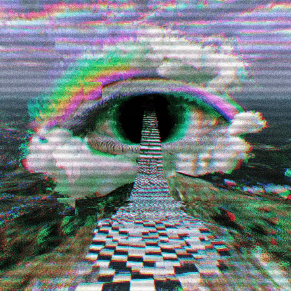 The image features a large, colorful eye with a black hole at its center, surrounded by a rainbow of colors including green, purple, blue, and white. The background includes a sky filled with clouds and trees, creating an impressionistic or dreamlike atmosphere. The caption "Gates_LXXX" is present in the image, which could be related to a specific event or location where this eye was captured.