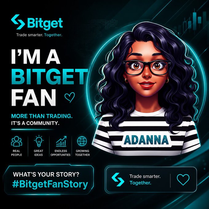 Promotional graphic for Bitget featuring an illustrated character named 'ADANNA' with the text 'I'M A BITGET FAN', 'More than trading. It's a community,' and the hashtag '#BitgetFanStory'.