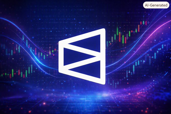 An AI-generated digital graphic featuring a white trapezoidal logo over a dark background with blue and purple light waves and stock market candlestick charts, labeled 'AI-Generated' in the top right.