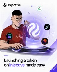 A smaller version of the Injective token launch graphic showing an illustrated man in a red shirt with the Injective logo, captioned 'Launching a token on injective made easy'.