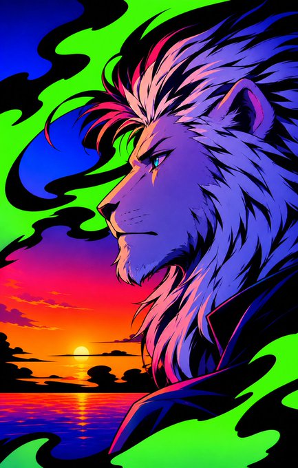 A majestic lion with a vibrant pink-streaked mane stands in profile against a surreal sunset, with neon green smoke swirling around him as he gazes into the orange horizon. The image captures the quiet intensity and stillness described in the caption—evoking the powerful, contemplative moment "before everything" begins.