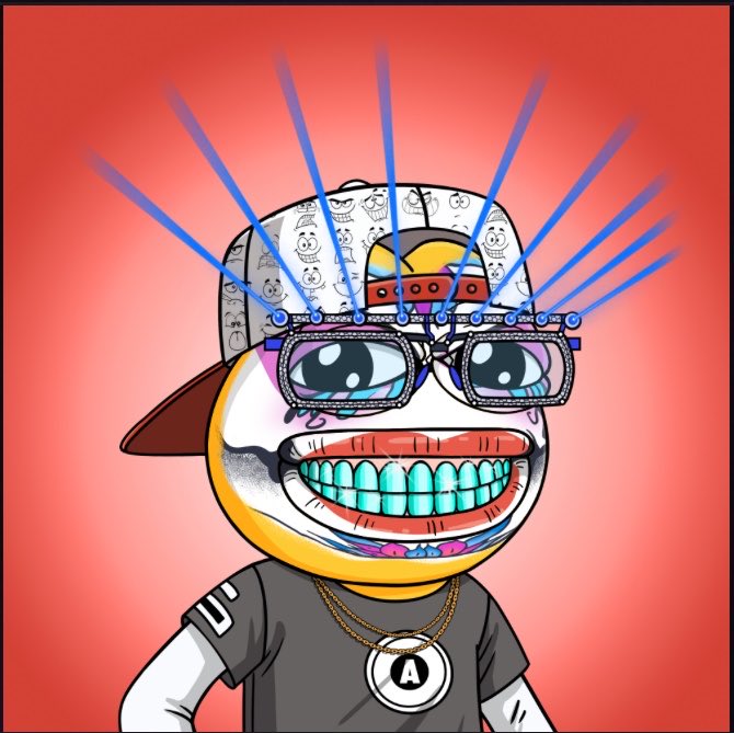 A cartoon-style illustration of a character with a large grinning mouth showing green teeth, wearing a backwards cap, rhinestone glasses, and chains with an 'A' medallion, with blue laser beams emanating outward against a red background.