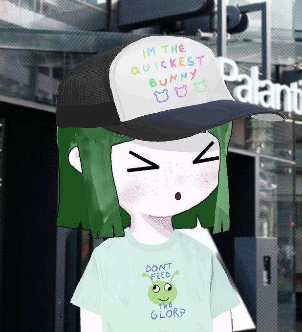 A digital illustration depicts a stylized character with green hair and closed eyes wearing a white trucker hat that reads "IM THE QUICKEST BUNNY" with three bunny icons, paired with a "DON'T FEED THE GLORP" alien t-shirt.