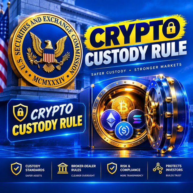 A promotional graphic for the 'CRYPTO CUSTODY RULE' featuring the U.S. Securities and Exchange Commission (SEC) seal, a vault containing Bitcoin, Ethereum, and Solana coins, and icons highlighting 'Custody Standards,' 'Broker-Dealer Rules,' 'Risk & Compliance,' and 'Protects Investors.'