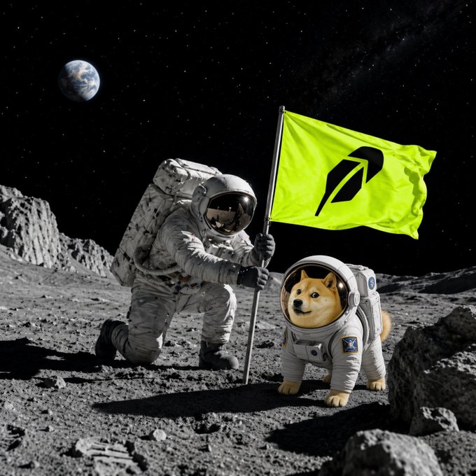 An astronaut plants a vibrant lime-green flag bearing the Robinhood logo on the lunar surface alongside a Shiba Inu dog in a space suit, while Earth glows in the starry background—symbolizing the "doge-to-the-moon" meme tied to the post's highlight of a Robinhood cold wallet holding a massive 17.4% of circulating DOGE supply.