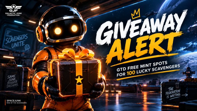 A promotional graphic for 'Galactic Junk Federation' featuring a robot holding a gift box with the text 'GIVEAWAY ALERT - GTD FREE MINT SPOTS FOR 100 LUCKY SCAVENGERS'.