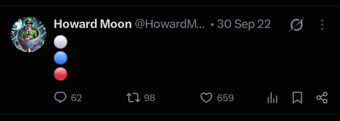 A tweet from Howard Moon (@HowardM...) dated 30 Sep 22 shows three colored dots (white, blue, red) with 62 replies, 98 retweets, and 659 likes, complementing his "#XRP" post as a visual signal indicating readiness to engage with the XRP community.