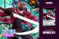 Promotional artwork for the Yu-Gi-Oh! Trading Card Game 'Fractured Domains' booster set, releasing November 20th, showing an anime-style character with dynamic action effects.