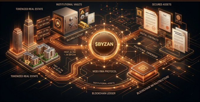 The image is an infographic for the $BYZAN token ecosystem, showcasing how tokenized real estate, institutional vaults, secured assets, digital contracts, fractional ownership, and blockchain infrastructure connect through a Web3 RWA protocol. Key visible text includes "$BYZAN," "TOKENIZED REAL ESTATE," "INSTITUTIONAL VAULTS," "SECURED ASSETS," "DIGITAL CONTRACTS," "FRACTIONAL OWNERSHIP," "BLOCKCHAIN LEDGER," and "WEB3 RWA PROTOCOL," visually reinforcing the tweet's point about $BYZAN's compelling real-world asset tokenization narrative.