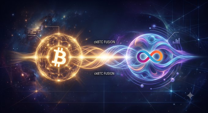A digital artwork depicts a glowing Bitcoin symbol connected by an energy stream labeled 'ckBTC FUSION' to a purple infinity symbol against a starry cosmic background.