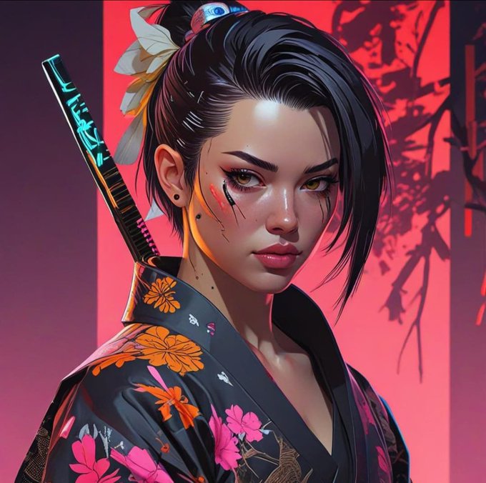 A stylized digital illustration of a female samurai with black hair in a bun, wearing a floral kimono and carrying a sword with glowing blue accents, set against a vibrant pink and red background.