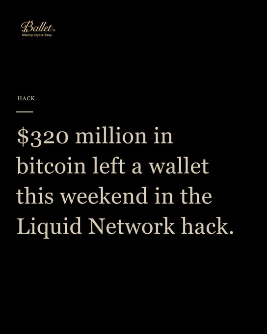 A black graphic with text reading 'HACK: $320 million in bitcoin left a wallet this weekend in the Liquid Network hack.', with 'Pocket - Making Crypto Easy' logo in the corner.