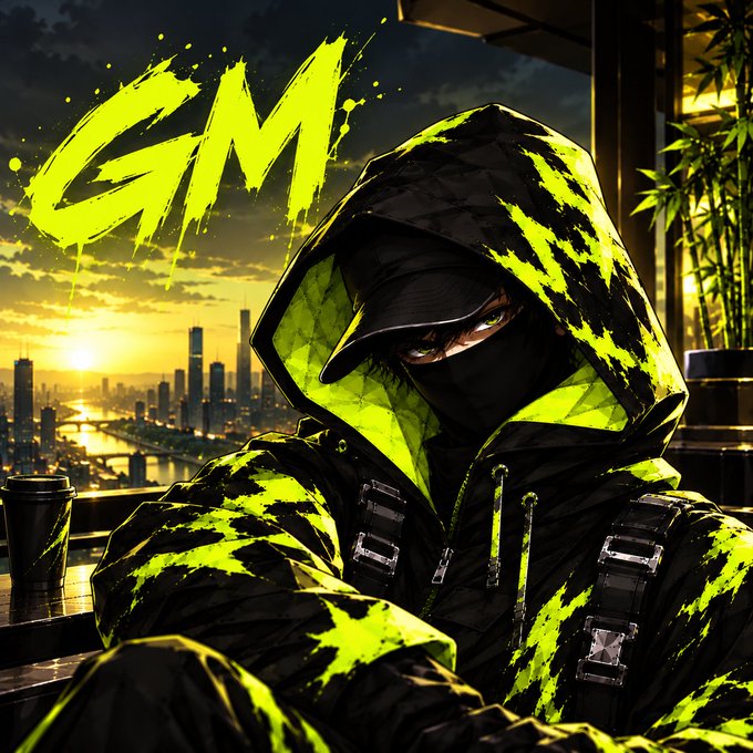 Stylized artwork featuring a hooded figure wearing black and neon yellow/green clothing with a face mask, set against a sunset cityscape background with the letters 'GM' displayed prominently in yellow.
