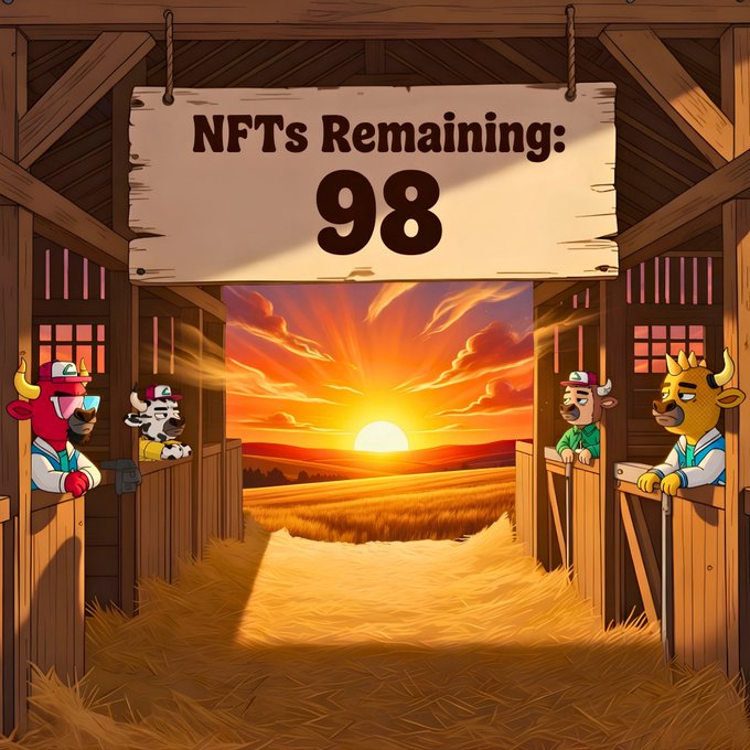 The image features a cartoon scene of four cows standing inside a barn at sunset, with a sign that reads "NFTS remaining #98" above them. The cows are positioned around the center of the image, facing different directions as they gaze out towards the setting sun. The overall atmosphere is warm and inviting, with the golden hues of the sunset casting a soft glow over the scene.