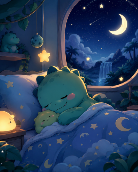 A digital illustration of a cute green dinosaur plush toy sleeping peacefully in a bed with star and moon-patterned blue blankets, cuddling a smaller green plush, with a glowing lamp, star ornaments, and a window showing a night sky with a crescent moon, waterfall, and palm trees.