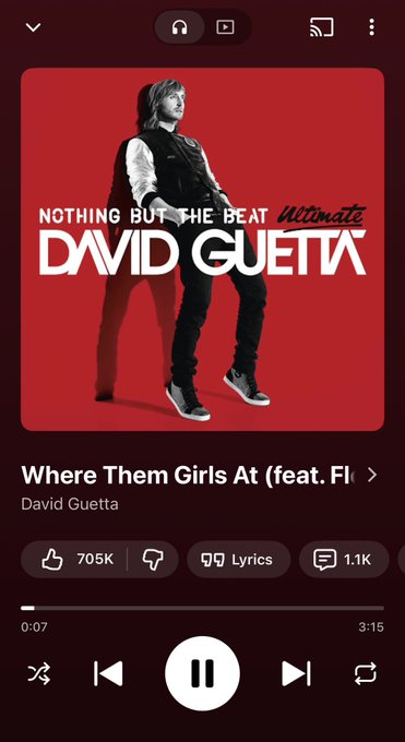 A Spotify music player screenshot showing David Guetta's 'Nothing But the Beat Ultimate' album cover, currently playing 'Where Them Girls At (feat. Flo Rida)' with 705K likes.