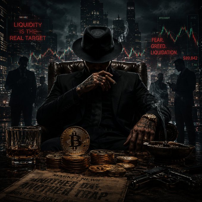Dark, cinematic trading-themed artwork featuring a man in a black hat and suit smoking a cigar at a desk with Bitcoin and gold coins, overlaid with red text 'LIQUIDITY IS THE REAL TARGET', 'FEAR. GREED. LIQUIDATION.', BTC/USDT chart, $89,842, and newspaper headline 'ANOTHER DAY. ANOTHER TRAP.'