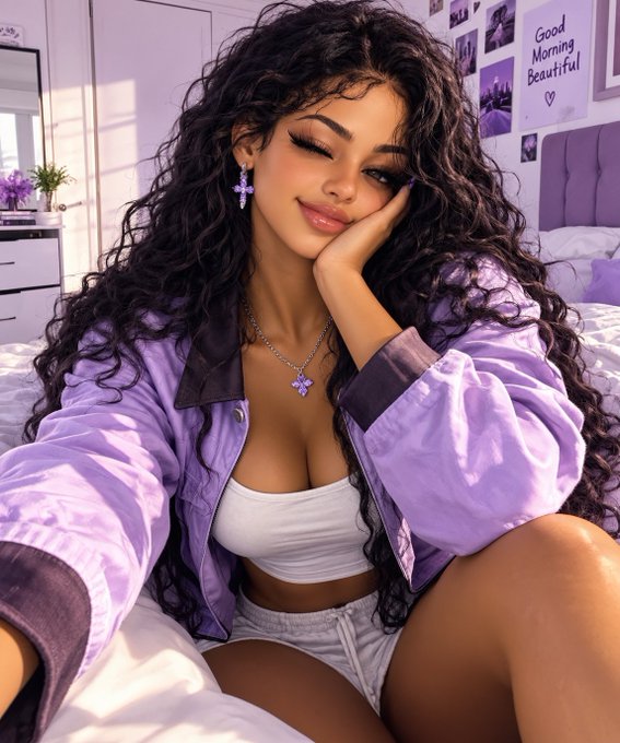 A young woman with long curly dark hair poses in a bedroom setting, wearing an unbuttoned purple silk shirt over a white crop top, with purple butterfly earrings and a matching necklace. A 'Good Morning Beautiful' sign is visible on the wall behind her.