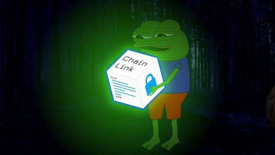 A cartoon Pepe the Frog character holds a glowing white box labeled 'Chain Link' with a padlock icon against a dark forest background.