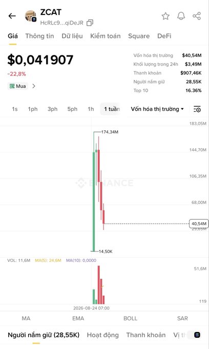 A Binance mobile app screenshot showing ZCAT (HcRLc9...qiDeJR) trading at $0.041907, down 22.8%, with a market cap of $40.54M, displaying a weekly candlestick chart.