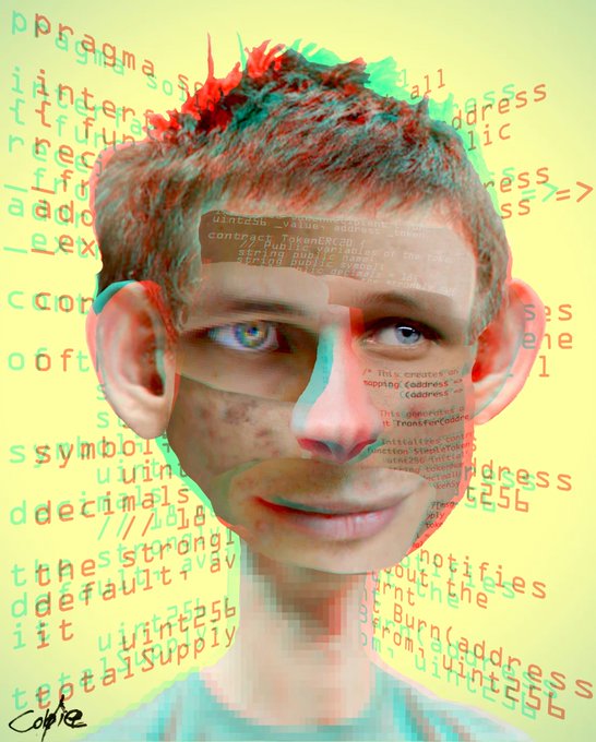 A digital art portrait of a man's face overlaid with green code text including programming keywords like 'int', 'string', 'address', and 'uint256' against a yellow background.