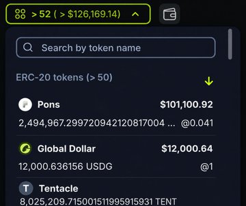 A cryptocurrency wallet interface showing 52 tokens valued over $126,169.14, displaying ERC-20 tokens including Pons ($101,100.92), Global Dollar ($12,000.64), and Tentacle.