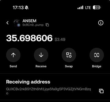 A mobile wallet screenshot displays a balance of 35.698606 $ANSEM tokens (valued at $3.49) on the Solana network, with options to Send, Receive, Swap, and Bridge. The user is showcasing their holdings of $ANSEM while tagging @blknoiz06 to encourage engagement for a potential airdrop giveaway.