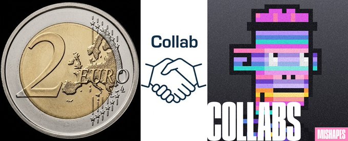 A graphic showing a 2 Euro coin next to a 'Collab' handshake icon and a pixelated character with the text 'COLLABS' by MISHAPS.