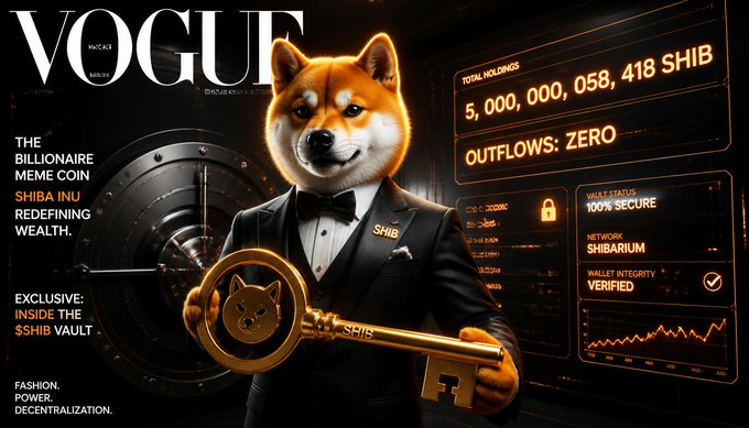 Vogue-style magazine cover featuring an anthropomorphic Shiba Inu in a tuxedo holding a large golden key, with text about 'SHIBA INU REDEFINING WEALTH' and a vault holding 5,000,000,058,418 SHIB.