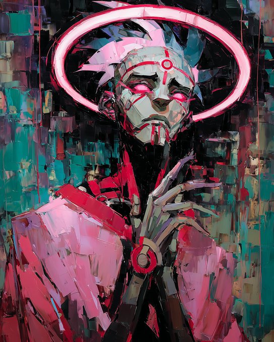 A vibrant, expressionistic painting depicts a humanoid figure with a mask, glowing red eyes, and a pink neon halo, set against a chaotic background of teal and pink brushstrokes.