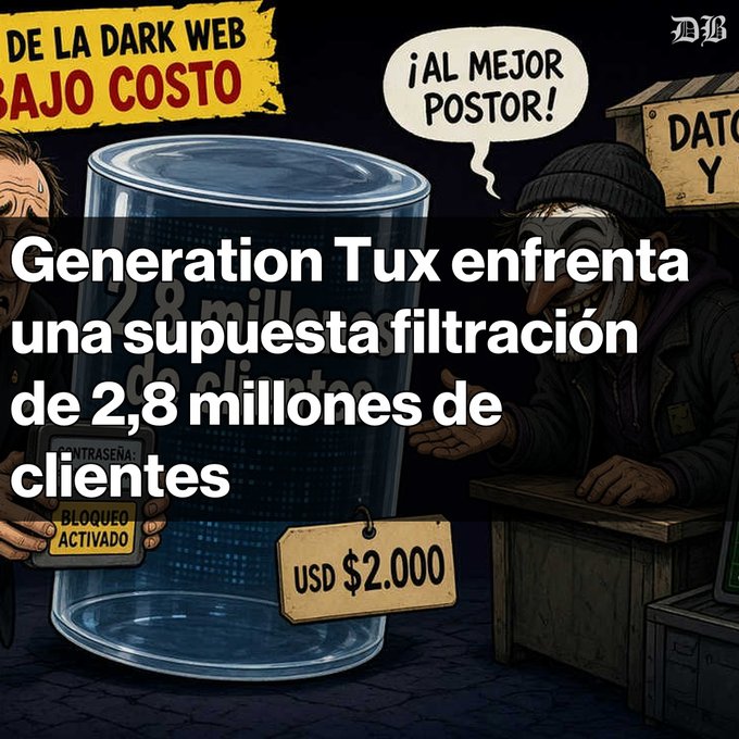 An illustrated graphic featuring characters and a jar with the Spanish text 'Generation Tux enfrenta una supuesta filtración de 2,8 millones de clientes' and a tag reading 'USD $2.000'.