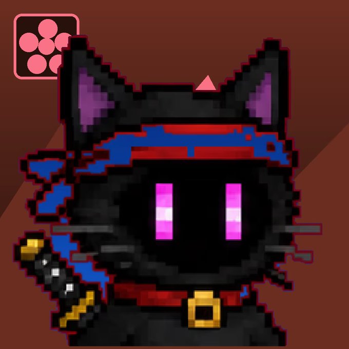 A pixel-art black cat character from the CannaCats meme project (@CannaCatMeme) is depicted with glowing pink eyes, cat ears, a red headband with a blue stream, and a gun, set against a dark red background with a paw icon in the corner. The image aligns with the post's reference to the $CANNACAT meme token, showcasing one of the collectible character designs from the collection.